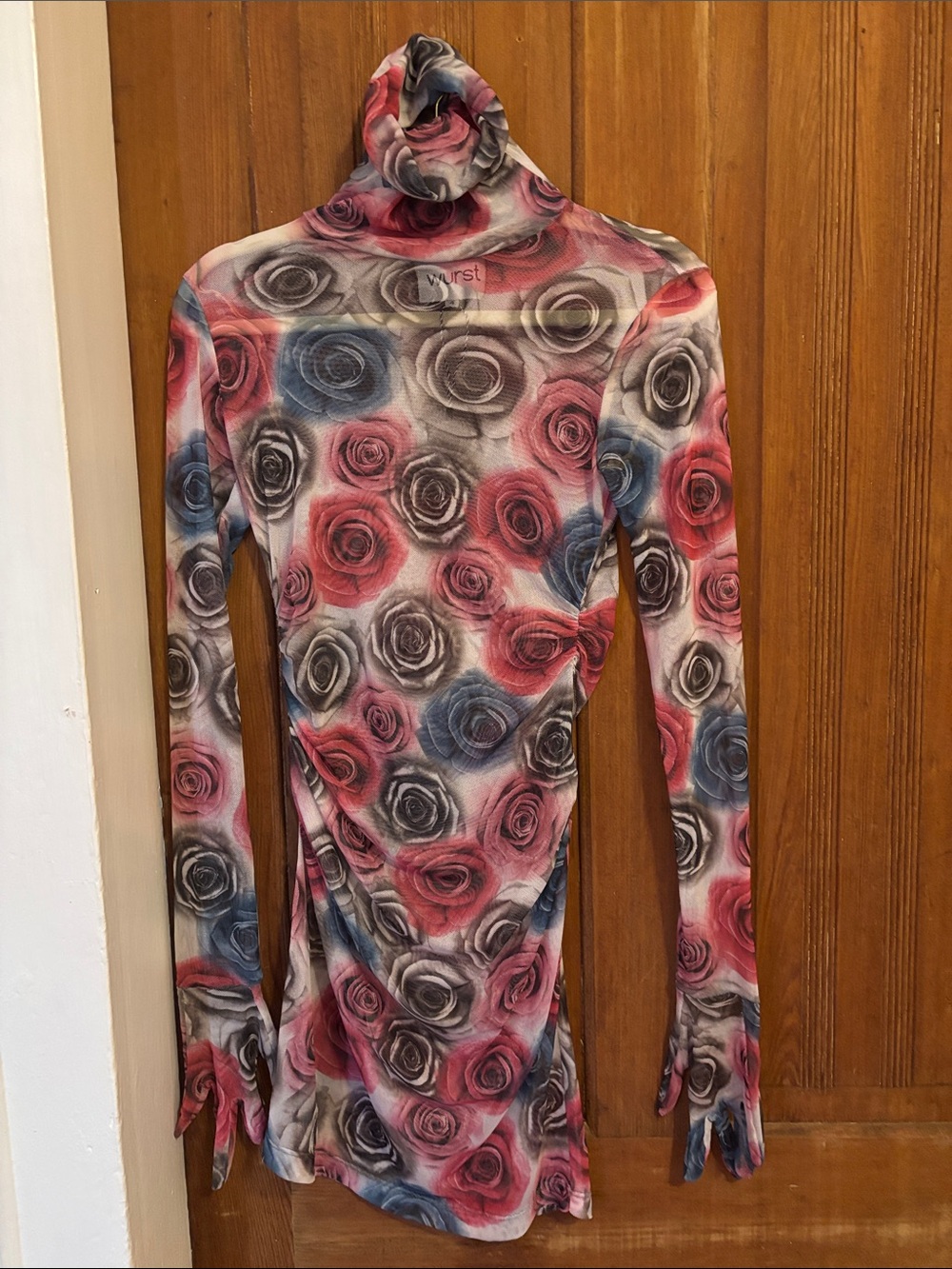 Turtleneck Floral Rose Print Dress - Pink & Blue